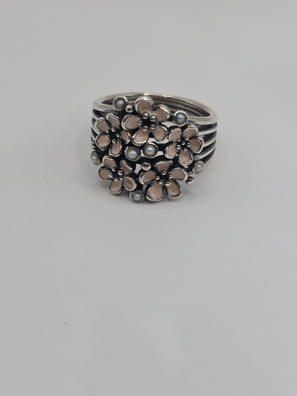 Authentic Pandora Sterling Silver Pink Enamel Primrose Bouquet Ring